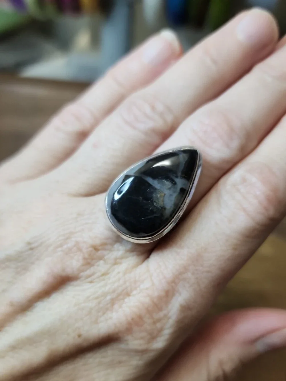 Black Teardrop Stone Sterling Ring - Women Jewelry